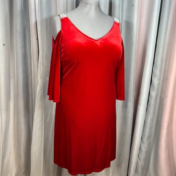 MSK Red Cold Shoulder Velvet Dress, 14 - Picture 4 of 12
